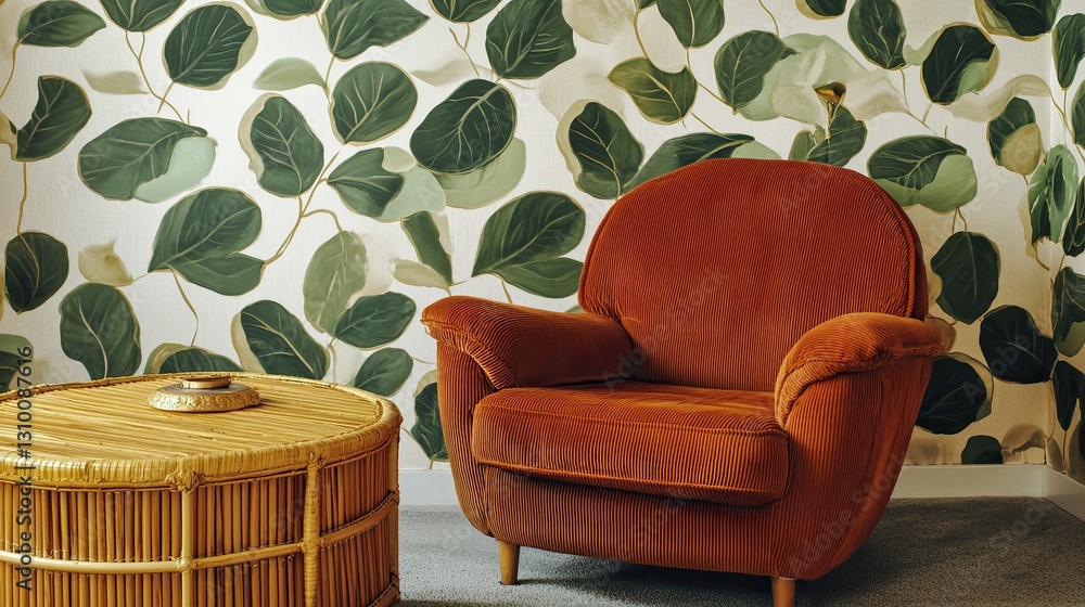 A cozy and vintage retro living room centered around leaf-patterned wallpaper in deep jewel greens and subtle cream tones. The seating features a burnt orange corduroy armchair with golden piping
