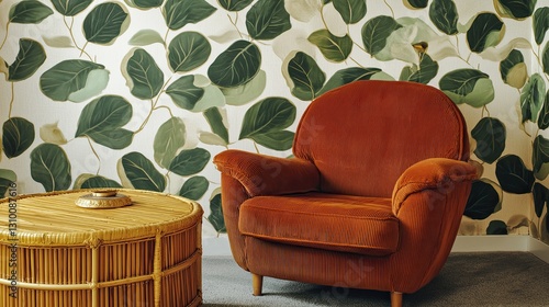 A cozy and vintage retro living room centered around leaf-patterned wallpaper in deep jewel greens and subtle cream tones. The seating features a burnt orange corduroy armchair with golden piping