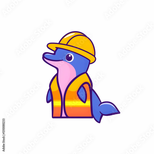 Cartoon Dolphin in Construction Gear with Hard Hat and Vest