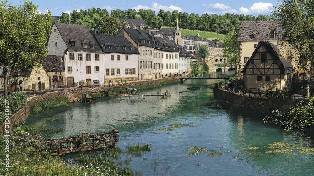 Obraz premium European town, river, quaint buildings, sunny day