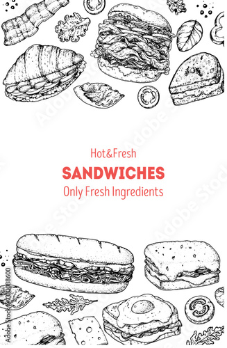 Hot and fresh sandwiches frame. Menu design template. Sandwich sketches. Unique recipe. Hand drawn vector illustration.