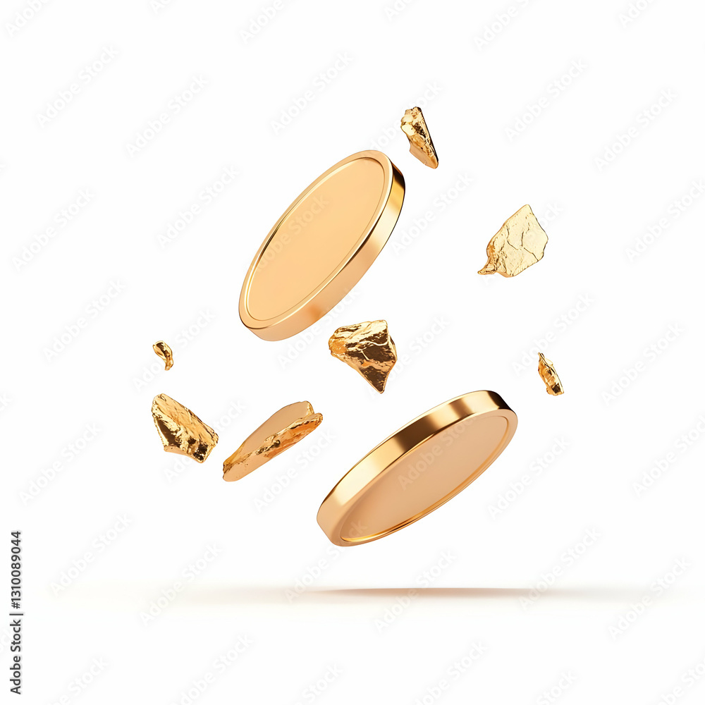 Fototapeta premium Floating Gold Coins and Chunks in a Bright Studio Background