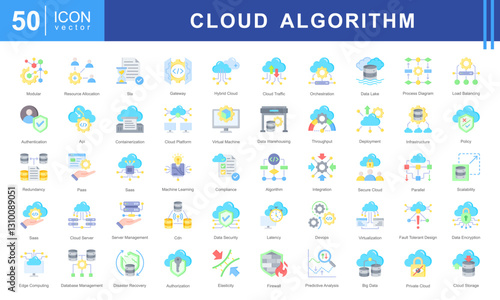 Cloud Algorithm icon set featuring icons for cloud computing, security, scalability, AI, and data management. Ideal for IT, DevOps, and digital infrastructure projects.
