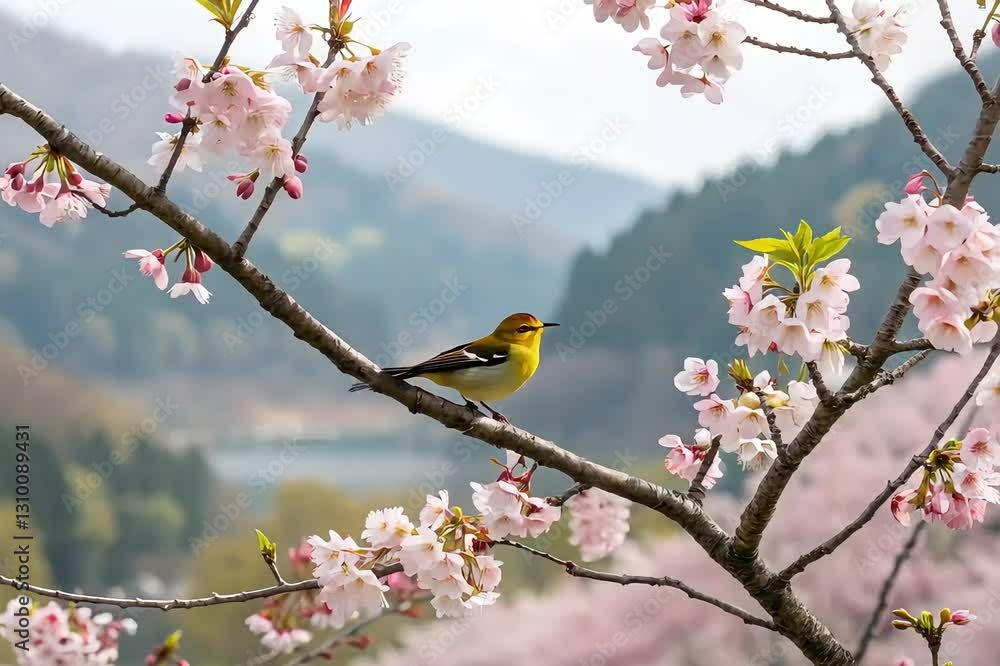 Small yellow bird amidst blooming branches cherry Small yellow bird amidst blooming branches cherry