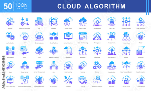 Cloud Algorithm icon set featuring icons for cloud computing, security, scalability, AI, and data management. Ideal for IT, DevOps, and digital infrastructure projects.