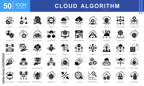 Cloud Algorithm icon set featuring icons for cloud computing, security, scalability, AI, and data management. Ideal for IT, DevOps, and digital infrastructure projects.