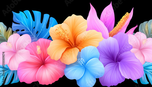 Vibrant hibiscus and tropical leaves border.