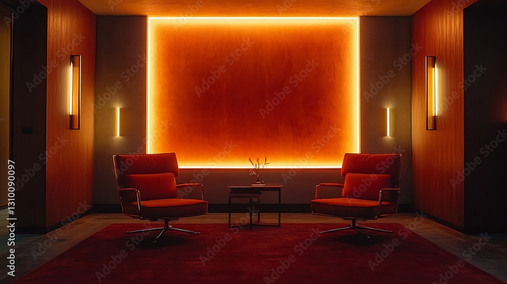 Fototapeta premium Modern interior design, meeting area, illuminated orange wall, two red armchairs