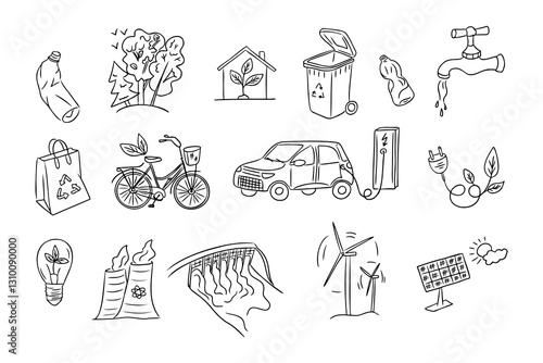 Hand-drawn eco-friendly doodle set featuring sustainable energy, recycling, electric vehicles, water conservation, and environmental protection symbols. Vector line art drawings