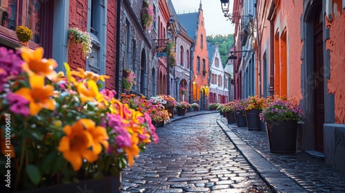 European cobblestone street with colorful buildings and flowers