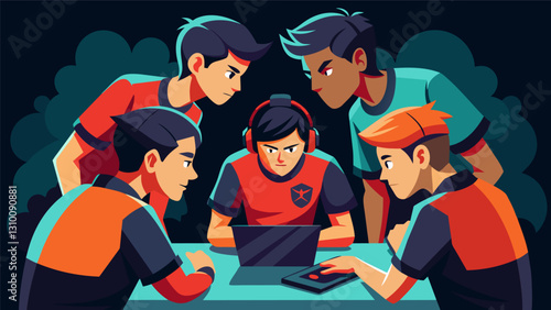 With fierce determination on their faces a group of young gamers strategize and discuss their next move during a timeout in the youth esports. Vector illustration