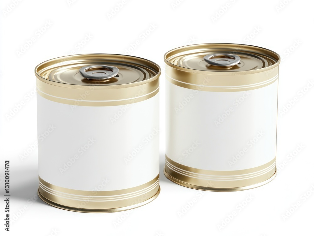 Two empty gold-colored metal food cans with blank white labels Two empty gold-colored metal food cans with blank white labels