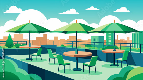 A green rooftop terrace furnished with outdoor seating made from recycled plastic and repurposed umbrellas providing a sustainable and serene space. Vector illustration