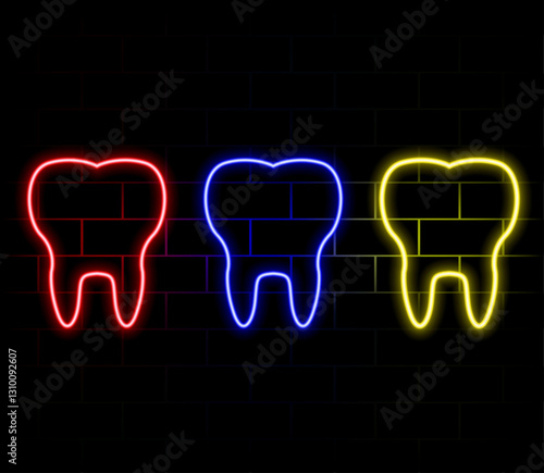 Neon tooth icon. Glowing neon tooth sign, outline dentist pictogram in vivid color. Oral health care, teeth diagnostics, check and treatment teeth, stomatology. Vector icon set, sign, symbol for UI