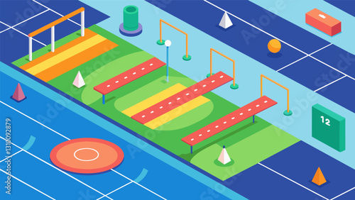 The indoor facility offers a variety of soft track walking routes catering to different abilities and levels of intensity.. Vector illustration