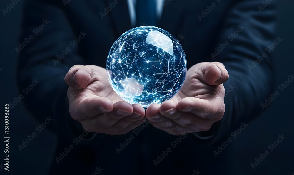 Hands Holding a Glowing Sphere with Digital Connections and Data Hands Holding a Glowing Sphere with Digital Connections and Data