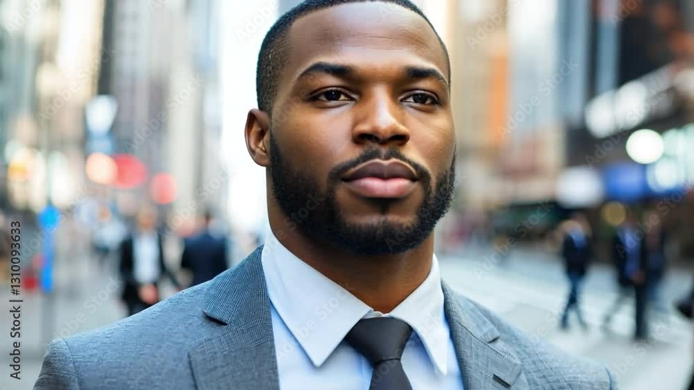 Confident Businessman in City: A portrait of a serious, focused African-American businessman in a sharp grey suit and tie, standing amidst the blurred cityscape. Confident Businessman in City: A portrait of a serious, focused African-American businessman in a sharp grey suit and tie, standing amidst the blurred cityscape.