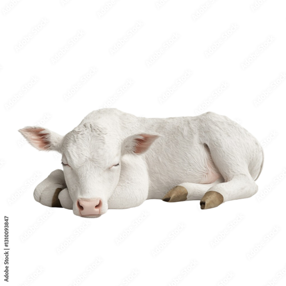 Obraz premium Sweet white calf sleeping peacefully adorable farm animal rest
