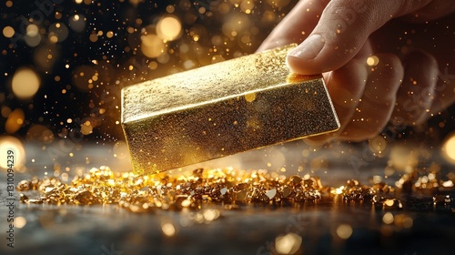 hand grasping gold bar above scattered gold pieces, creating luxurious scene filled with sparkling light photo