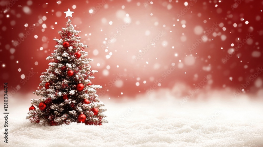 Obraz premium Snowy Christmas Tree with Red Ornaments Against a Festive Red Background