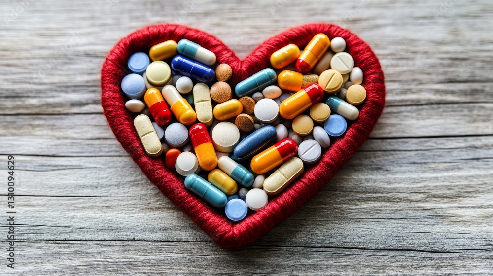Heart failure care concept: A dynamic red heart among various pills and capsules on a wooden table, symbolizing health and wellness Heart failure care concept: A dynamic red heart among various pills and capsules on a wooden table, symbolizing health and wellness
