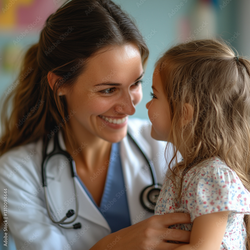 Smiling female pediatrician with a stethoscope engaging warmly with a happy young girl in a bright and friendly clinic, creating a caring and trusting atmosphere
Smiling female pediatrician with a stethoscope engaging warmly with a happy young girl in a bright and friendly clinic, creating a caring and trusting atmosphere