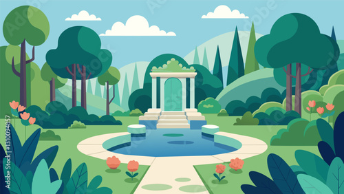 The garden is a haven for introspection and reflection with many corners and secluded areas for individuals to contemplate.. Vector illustration