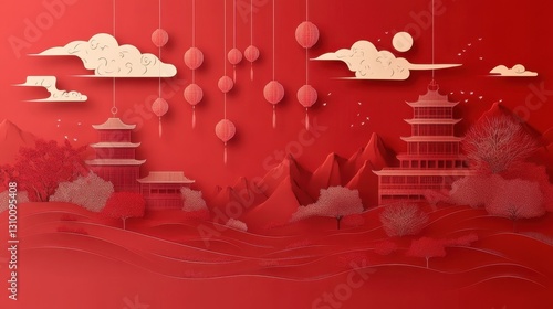 Crimson Serenity: Lunar New Year Landscape with Pagodas and Lanterns (Papercut Style)