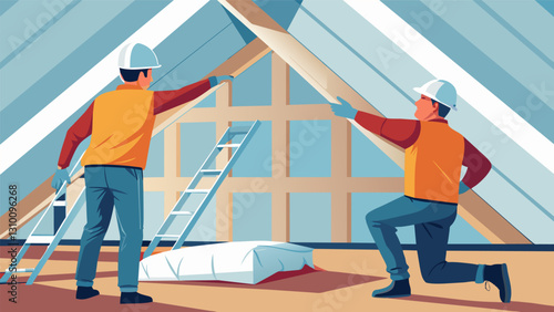 Two workers using a specialized tool to and install reflective foil insulation in the attic of a newly built house reflecting heat back into the. Vector illustration