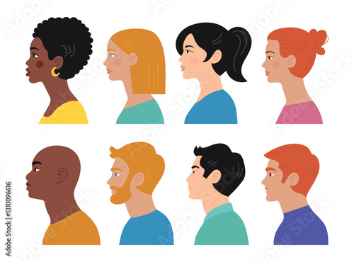 Diversity set of international heads, busts of men and women. Asian, black, European. Vector flat isolated illustration