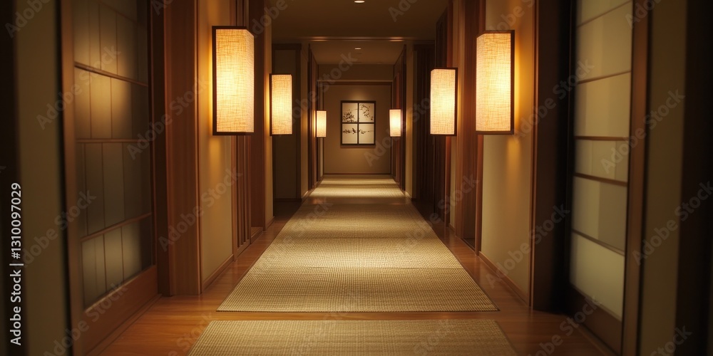An illuminated hallway with paper lamps and wooden panels is observed An illuminated hallway with paper lamps and wooden panels is observed