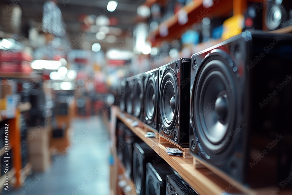 Many black speakers are displayed on shelves in an electronics store, ready for customers to choose Many black speakers are displayed on shelves in an electronics store, ready for customers to choose