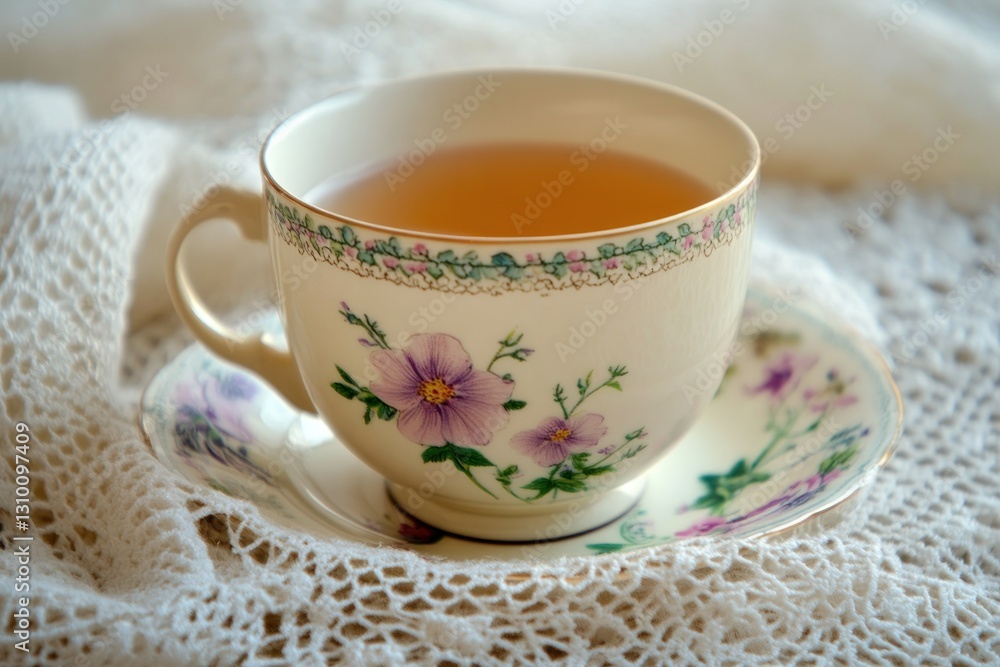 Elegant Tea Cup with Floral Design on Lace Tablecloth Background Elegant Tea Cup with Floral Design on Lace Tablecloth Background