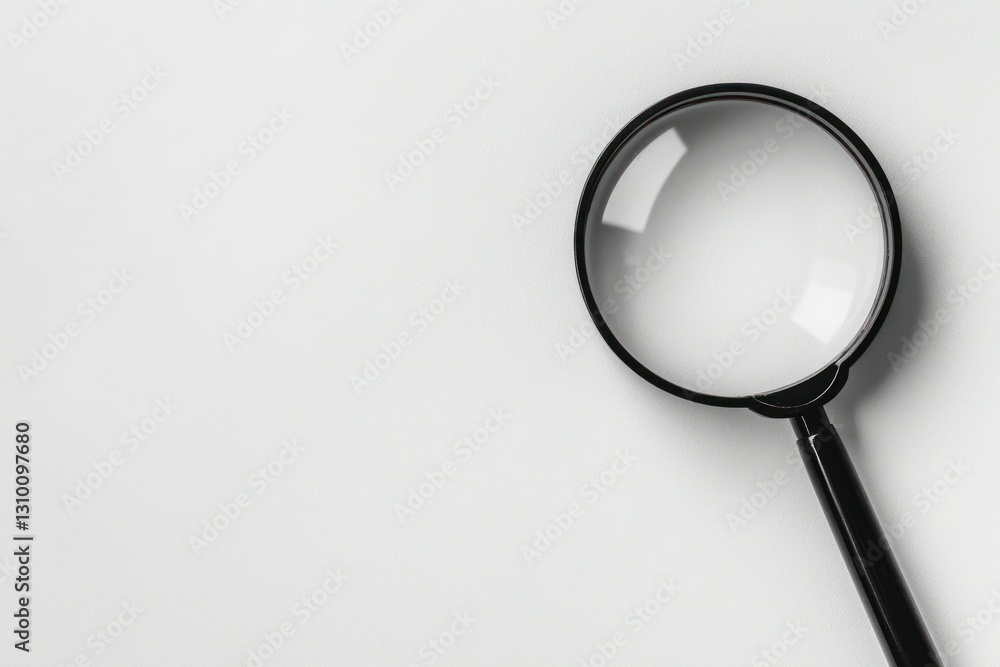 Black Magnifying Glass on White Surface for Investigation and Analysis Black Magnifying Glass on White Surface for Investigation and Analysis