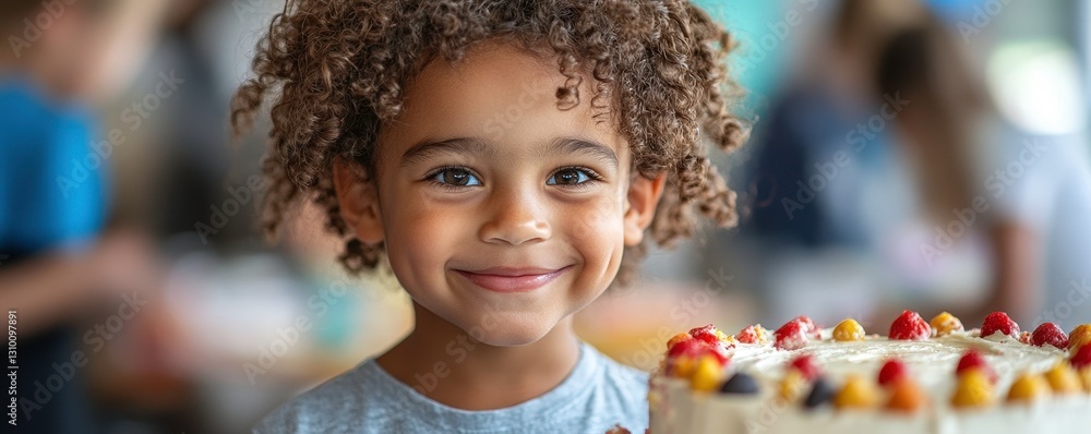 joyful child smiles while holding colorful birthday cake, surrounded by festive atmosphere joyful child smiles while holding colorful birthday cake, surrounded by festive atmosphere