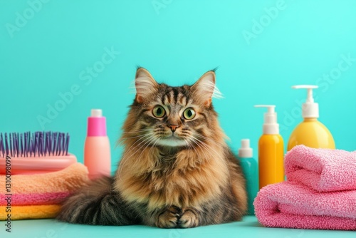 Cute Cat with Grooming Products on Bright Turquoise Background