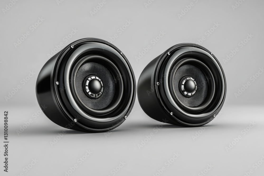 Two round loudspeakers with chrome screws are lying on a gray background, representing audio equipment and music technology Two round loudspeakers with chrome screws are lying on a gray background, representing audio equipment and music technology