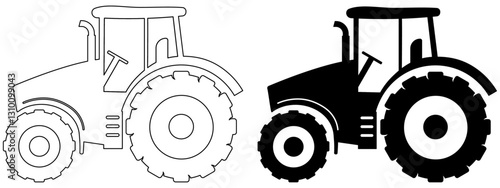 Tractor icon in silhouette and outline versions, Agricultural farm machinery vehicle graphic element