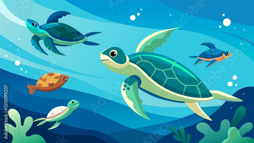 Swimming a virtual sea turtles following their graceful movements and witnessing them effortlessly glide through the water.. Vector illustration