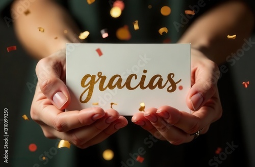 Hands holding golden Gracias card with falling confetti