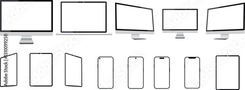 Set of Realistic computer laptop smartphone with transparent screen. Tablet gadget template, Group PC laptop mobile devices mockup. I phone iPad and mac LCD presentations wallpaper design