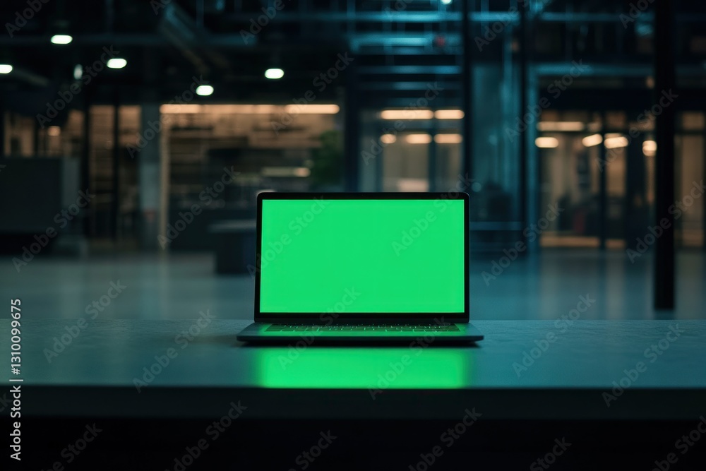 Laptop on Table Showcasing Green Screen in Modern Workspace Environment Laptop on Table Showcasing Green Screen in Modern Workspace Environment