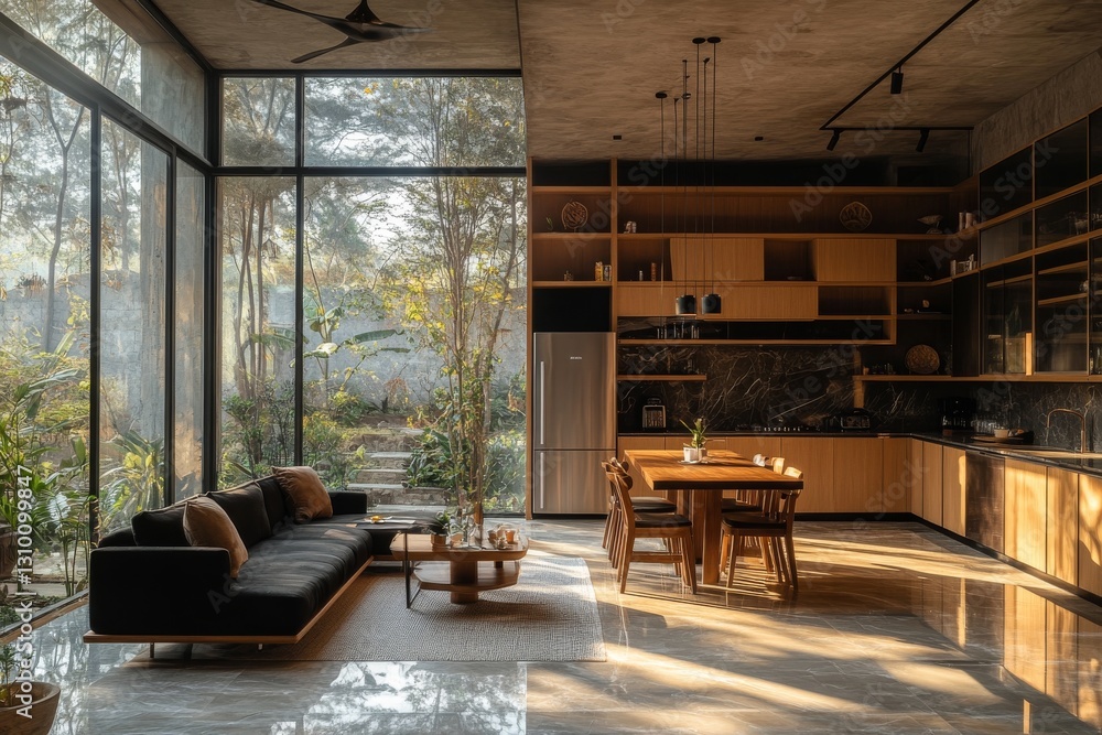 Fototapeta premium Contemporary living room design featuring a black sofa and rattan furniture