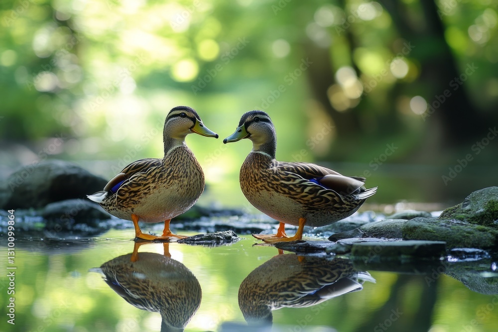 Fototapeta premium Two ducks are standing on rocks near the shore of a pond, enjoying the peaceful atmosphere and reflecting in the water