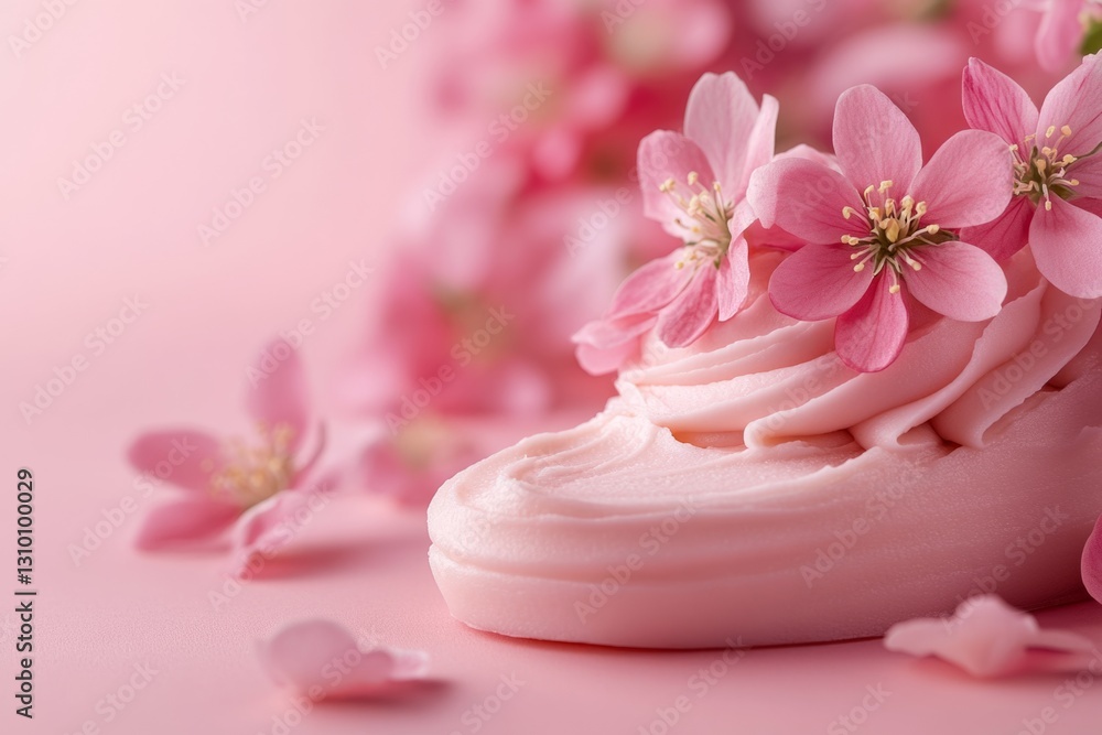Moisturizing body butter cream decorated with small pink flowers on a pink background creates a delicate and feminine beauty product presentation Moisturizing body butter cream decorated with small pink flowers on a pink background creates a delicate and feminine beauty product presentation