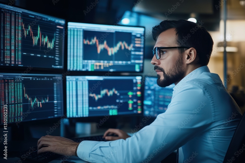 Professional Trader Analyzing Stock Market Data on Multiple Screens Professional Trader Analyzing Stock Market Data on Multiple Screens