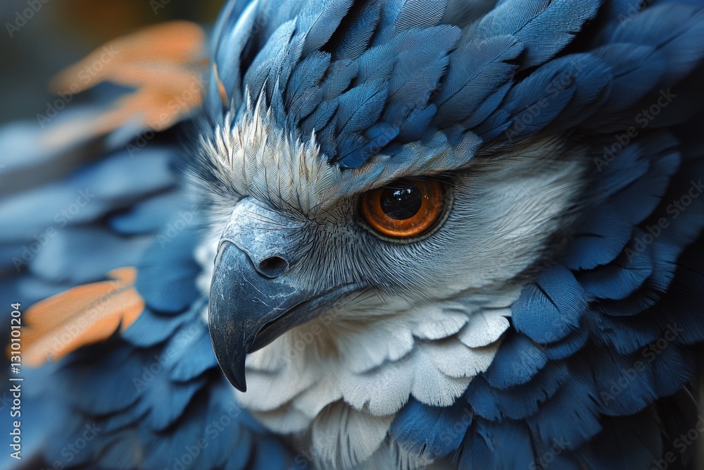 Fototapeta premium Close-up of northern crested caracara's head showing blue, white and orange feathers and orange eyes
