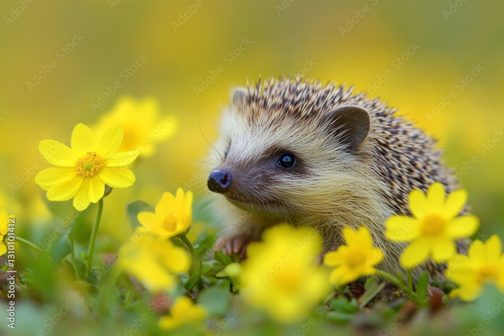 Adorable hedgehog standing in a field of yellow flowers, enjoying the nature Adorable hedgehog standing in a field of yellow flowers, enjoying the nature