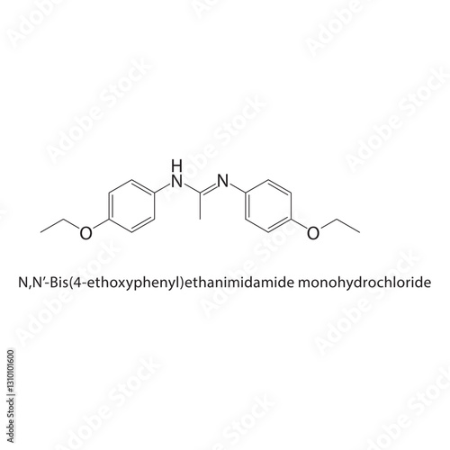 N,N’-Bis(4-ethoxyphenyl)- ethanimidamide monohydrochloride skeletal structure .Amidine compound schematic illustration. Simple diagram, chemical formula.