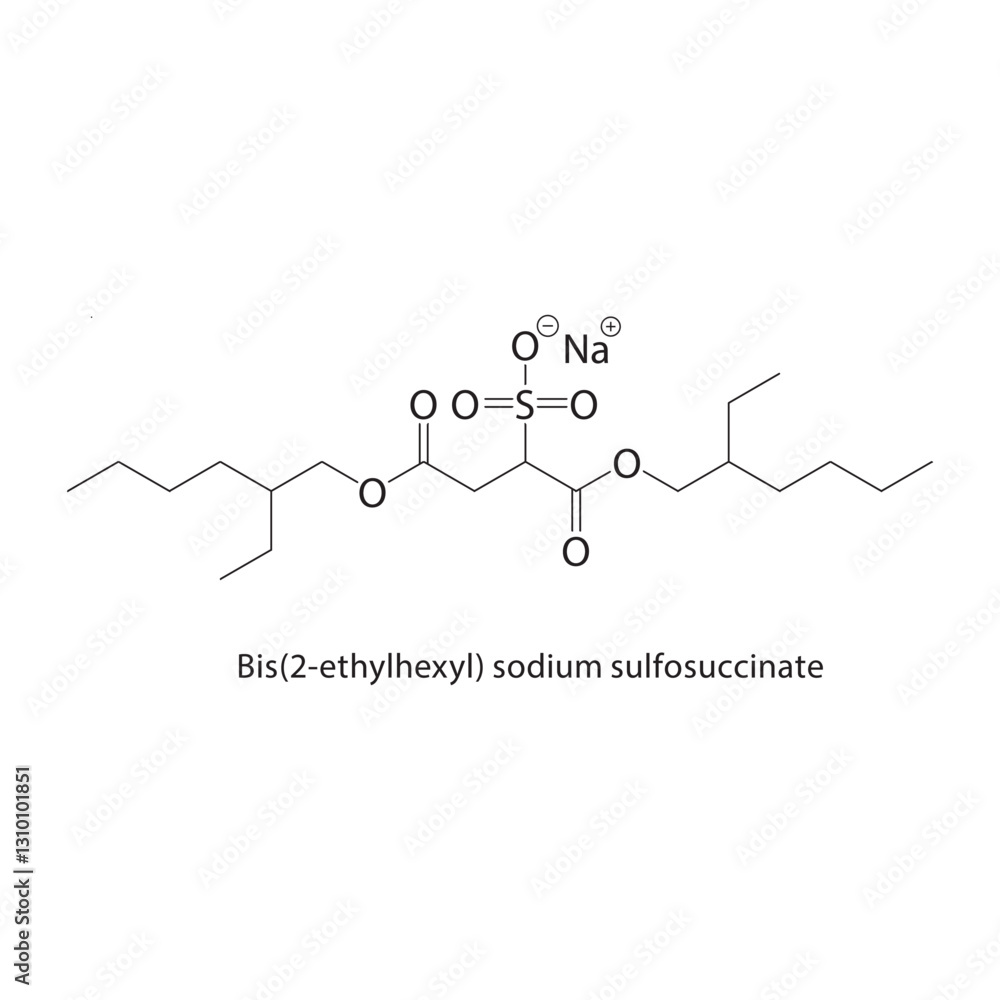 Obraz premium Bis(2-ethylhexyl) sodium sulfosuccinate skeletal structure .Phthalate ester compound schematic illustration. Simple diagram, chemical formula.